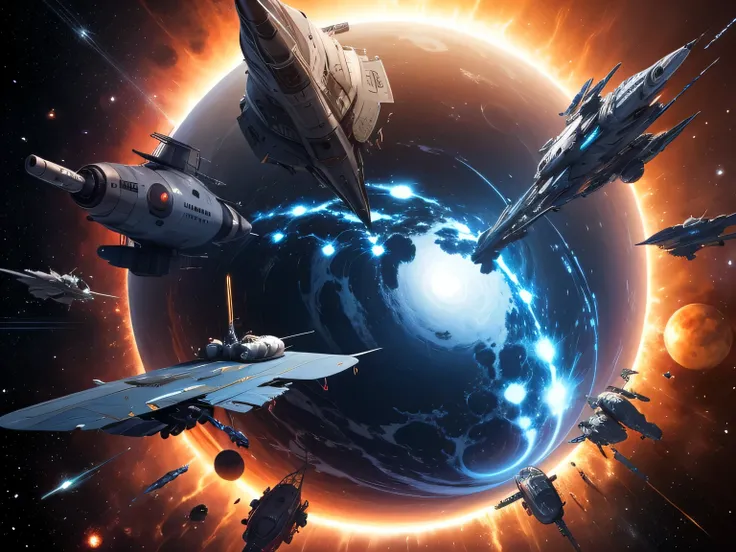 Blue planet outer space，Lots of spaceships，Many battleships，attack，war