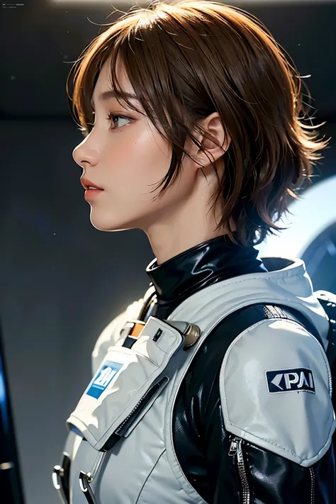 Ultra-high resolution、(Real:1.4)、One beautiful woman、Beautifully detailed eyes and skin、Light brown short hair、profile、Full space suit、Space Station、Spaceship、Remains、Cloudy、Sci-Fi Taste、Movie quality、dramatic、Dramatic composition、