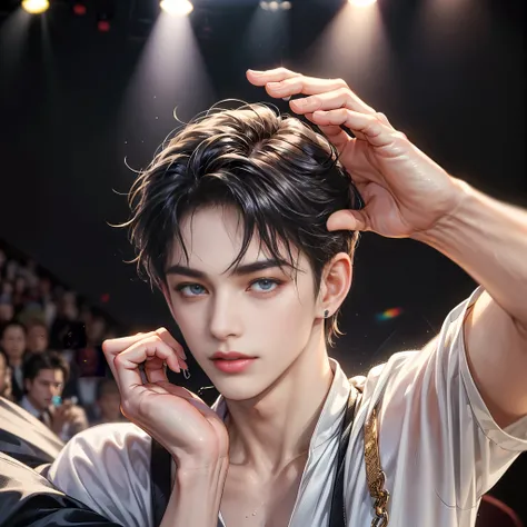 1 male idol, he has a baby face, ((muste piece)), high resolution, Raw photo, (everything is explained perfectly), perfect limbs, perfect face and eyes, perfect limbs, ((Detailed and accurately drawn hands and fingers)), double beautiful eyes, Depth of bou...