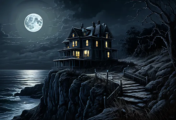 Painting of a house on a cliff with a full moon in the background, Location of the dark old house, Haunted Paintings, Illustration of dark atmosphere, Nice and moody, Detailed 4K horror artwork, Creepy and highly detailed, an ominous fantasy illustration, ...