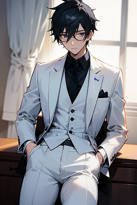 anime boy handsome and cute wear glasses wear white suit black tie black pant nervous face sit drawing a manga at the room