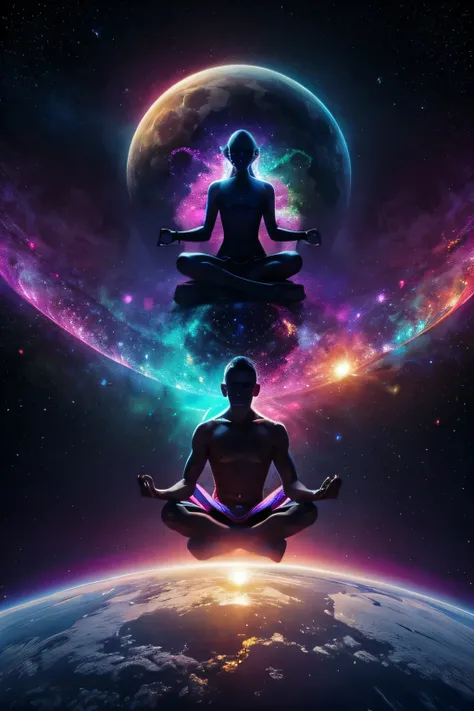 A man sits in the lotus position against the backdrop of a colorful galaxy, vector graphics by Beeple, pixels, metaphysical painting, Cosmic enlightenment, direction of mystical energy, meditating, spiritual enlightenment, his mind contemplates eternity, o...