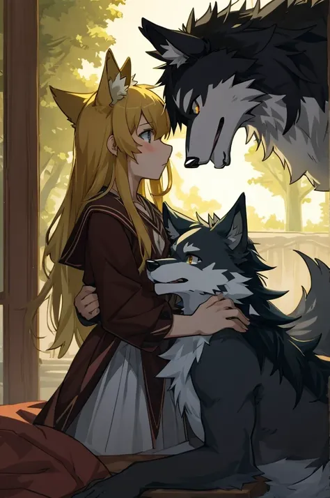 High-quality illustrations, doujinshi cover_page, highres, absurdres, The story of the meeting of a girl and a wolf,