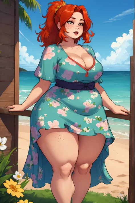 1woman, ginger, freckles, summer dress, wide hips, thick thighs, chubby belly. pear shaped body. wider hips, fat ass, floral dress, 