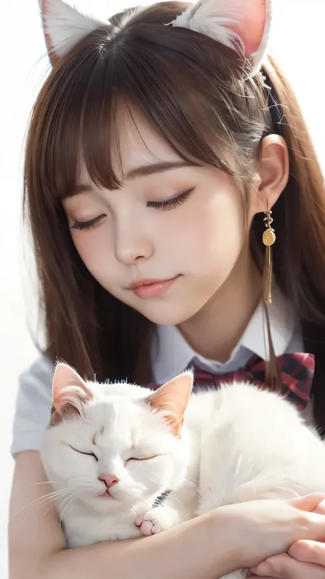 masterpiece, 4k, Bokeh, (Kawaii:1.5), (Beautiful girl:1.3), (Japanese idle:1.6), (Cat ear:1.3) , (school uniform:1.3),  (I love cat:1.6), Blushed face, (Hold a slleeping pretty white cat :1.5), (Close eyes:1.3), (white background :1.4), 