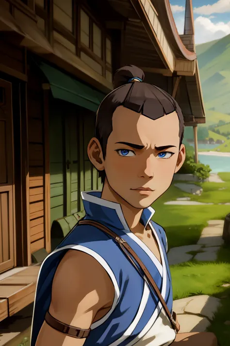 masterpiece, best quality, wallpaper, 1boy, solo, male focus, looking at viewer, , , ligne claire, realistic, sokka_avatar, brow...