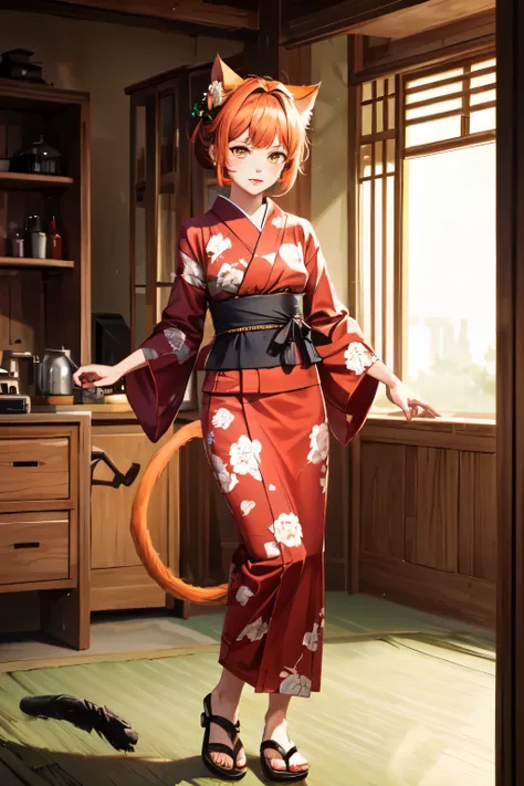 Female cute :Cat ears, cat tail, red yukata, amber eyes, orange hair, ears with a bell, standing in the middle of the room, whole body faces the front,