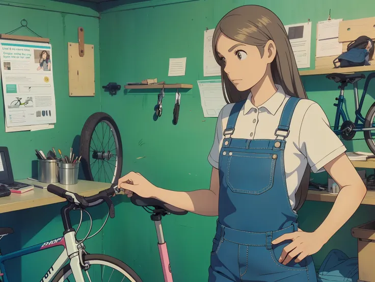 a bicycle workshop in which a woman with long brown hair is working on a bicycle and wearing denim dungarees with a top and shir...