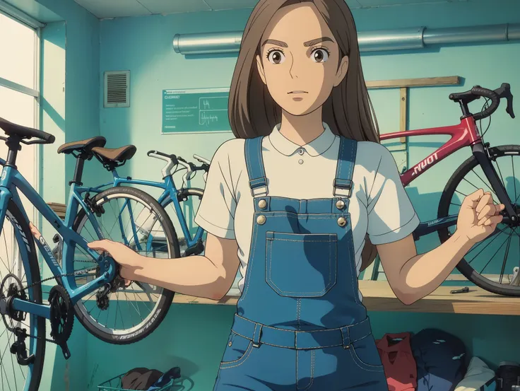 a bicycle workshop in which a woman with long brown hair is working on a bicycle and wearing denim dungarees with a top and shir...