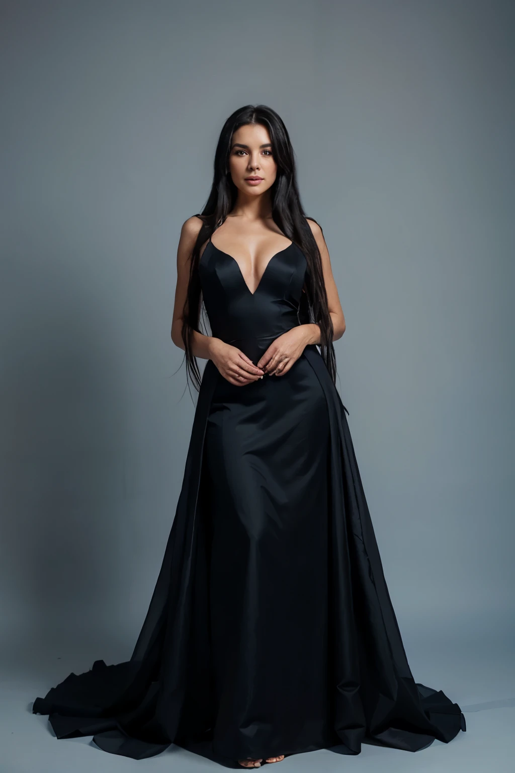 Gorgeous middle aged woman, long flowing black hair, standing in a sky blue long evening dress with a deep neckline, studio photo