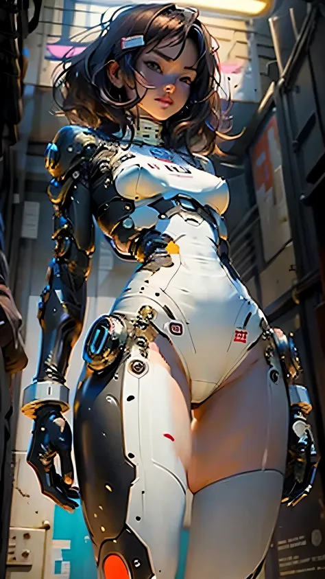 Woman body defined thick thighs cybernetic body parts, short