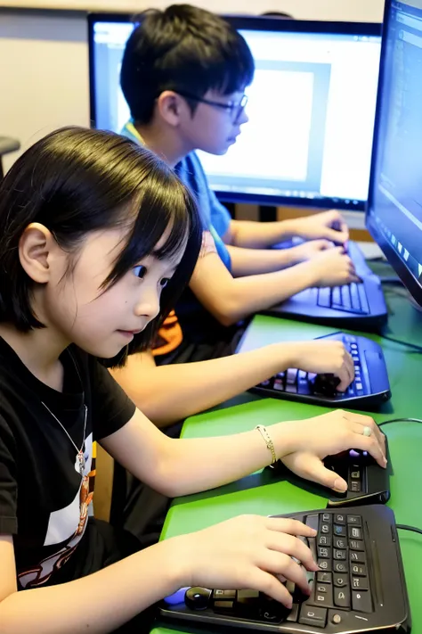 Children at a programming school for children、Using a PC or tablet PC、A girl is also enjoying creating games while programming。
highest quality。
