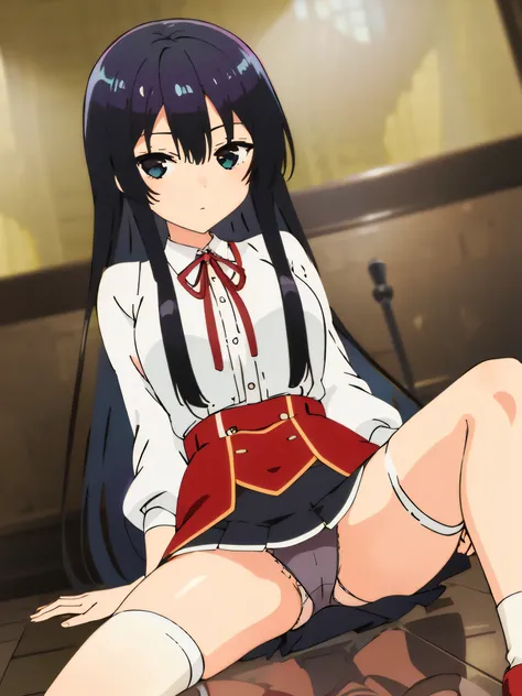 1 Girl、Black Hair、black eye、Expressionless、Long Hair、、High resolution、masterpiece、High resolution、highest quality、Detailed face、Anime Moe Art Style、Cowboy Shot、Spread your legs、Leg spread、skirt、Sitting、Panty shot、Panty flashing、Plush panties、lingerie、Sitti...