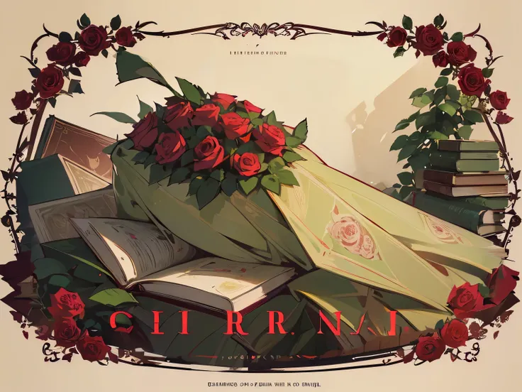 ((Best quality)), ((Portfolio title for the section "Printed materials")), (detailed), beige background color, green rose thorns, Burgundy rose flowers. (((NO LETTERS))) (Lots of roses), elegance. ((without people)), (books)