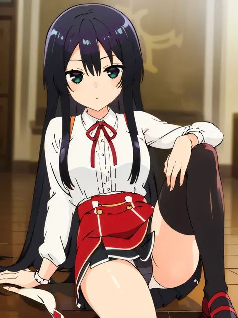 1 Girl、Black Hair、black eye、Expressionless、Long Hair、、High resolution、masterpiece、High resolution、highest quality、Detailed face、Anime Moe Art Style、Cowboy Shot、Spread your legs、Leg spread、skirt、Sitting、Panty shot、Panty flashing、Plush panties、lingerie、Sitti...