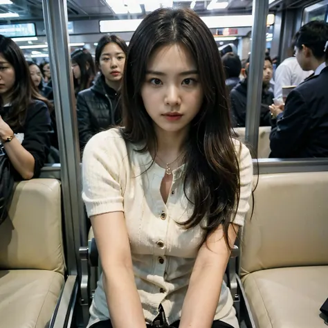 a young and beautiful woman、(((i can&#39;t hold back the urge to urinate:1.7)))、while riding the commuter train、