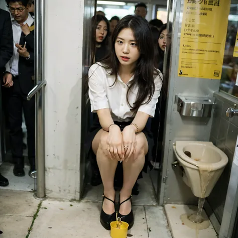 a young and beautiful woman、(((i can&#39;t hold back the urge to urinate:1.7)))、anguished expression、while riding the commuter t...