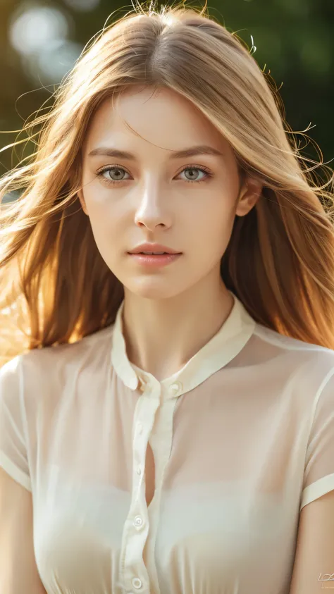 Super detailed, High resolution, realistic, Raw photo, ((real person)), fine skin, (delicate, light brown eyes ), German woman with slanted eyes, calm and calm, bright look、middle hair, slender, white shirt, The wind is blowing, we say、photorealistic, mast...