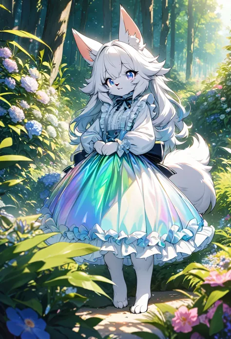 best quality, super fine, 16k, incredibly absurdres, extremely detailed, furry, personified, cute white wolf beast girl, big ears, iridescent blue eyes, wearing cute frilly dress with white frills, background flowers in full bloom, fresh green forest, and ...