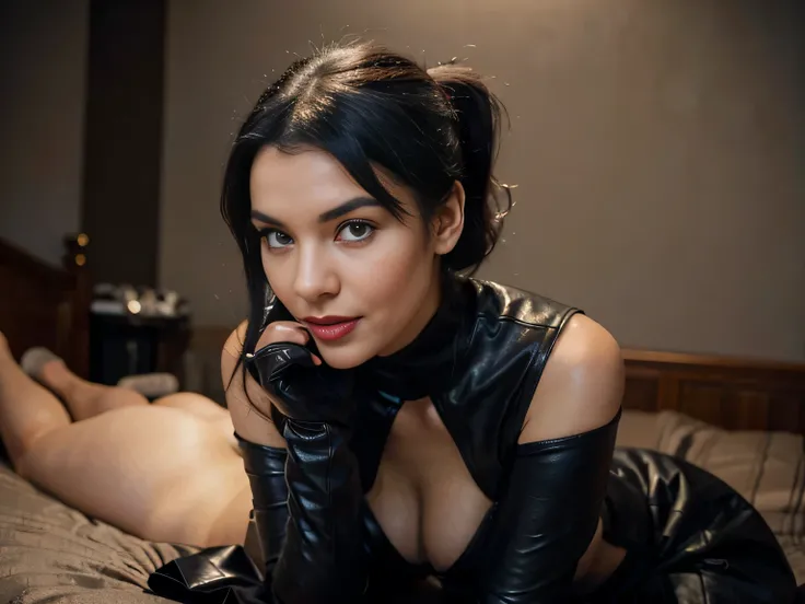 proFessional portrait photograph oF a gorgeous smiling catwoman,Bettie page girl in winter clothing ,ponytail Black hair, red lipstick,black long maxi-skirt(black long maxi-skirt:1.2),sultry Flirty look, gorgeous symmetrical Face, joli maquillage naturel, ...