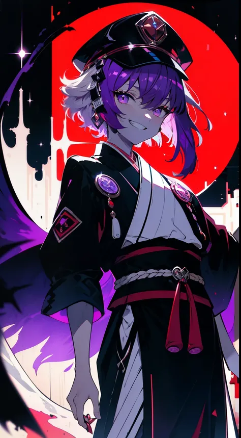 young guy, short fluffy hair, lilac eyes, Best quality, super detailed illustration, postman hat, japanese loose clothing, purple and dark tones, grin, full length, dark aura, black and red, Two tons, Dark shade, red tint, high contrast, dark lighting