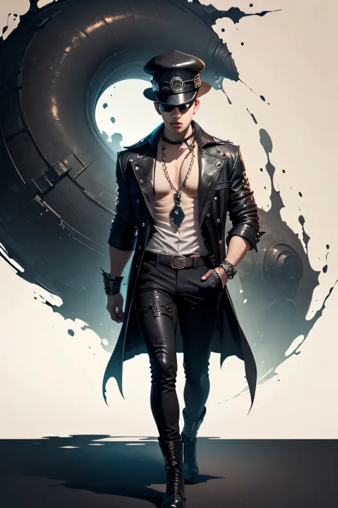 Create an extravagant full-body portrayal of a guy in Gothic style, emphasizing the "guy" theme. The design should feature Gothic elements such as leather, hat, and Victorian details, showcasing an elegant and intricate style. Utilize a color palette of bl...