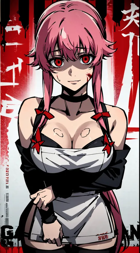 a horror movie poster of yuno gasai wearing an apron stained in blood and she as a sinister look and she has a crazed smile, the apron is stained in blood and her (large breasts:1.5) are exposed and shes also wearing black thigh highs and a black gothic ch...