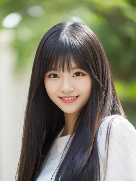 (Her bangs are very trimmed full bangs and hime cut)　(Photo of upper body from waist up)　(JapaneseSoloPhotoshoot&#39;The cutest, baby-faced 12-year-old middle school student))　((Her deep black hair is incredibly straight and very long..　Very long hair　Very...