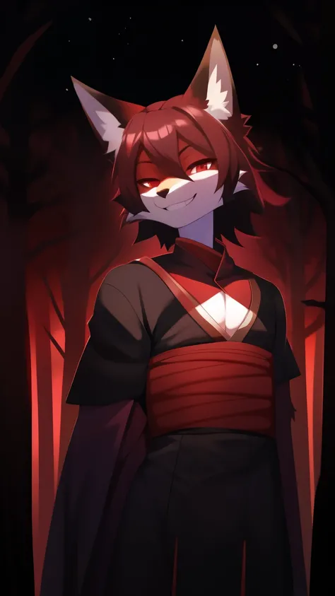 Best quality, super detailed illustration, purple and dark tones, grin, dark aura, black and red, Two tons, Dark shade, red tint, high contrast, dark lighting, offering a deal, Ideal lighting, (Fluffy fox boy:1.4), red and black colors, feminine face and ...