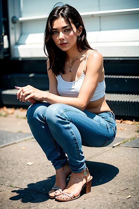 woman in sandals , feet, skinny jeans、close