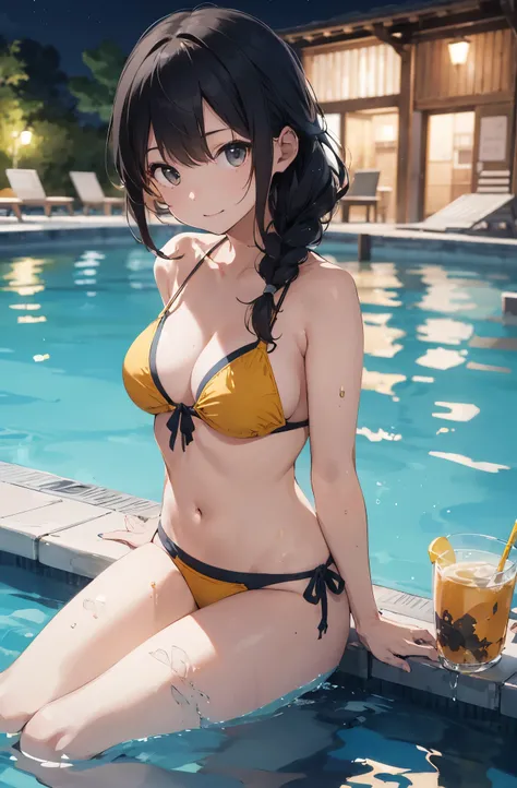 High resolution、A silver-haired girl drawn in the style of Japanese anime、A person sitting on a swim ring in an empty resort night pool々The state of。She is wearing a glamorous yellow bikini、Yellow swimsuit､The pool is beautifully lit、The surroundings are q...