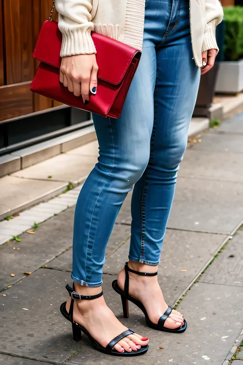 Woman in sandals , feet, Skinny jeans、close