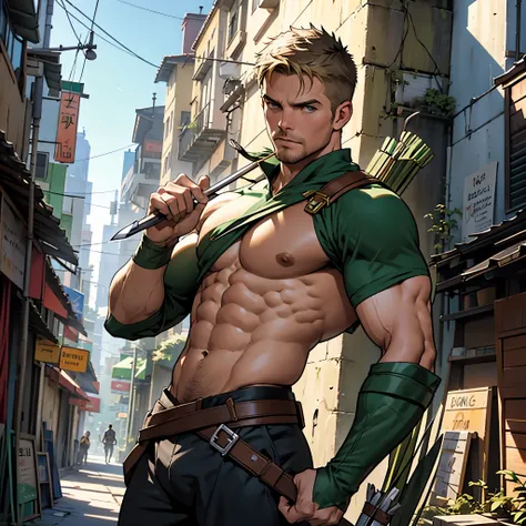 Stephen AMELL as green arrow holding in his right hand a sword  and his left a quiver and a bow . Shirtless , showing his muscles and bulge , complete body view , background city in the afternoon on a building top volumetric light 