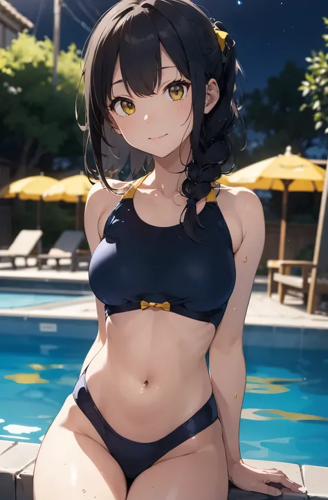 High resolution、A silver-haired girl drawn in the style of Japanese anime、A person sitting on a swim ring in an empty resort night pool々The state of。She is wearing a glamorous yellow bikini、Yellow swimsuit､The pool is beautifully lit、The surroundings are q...