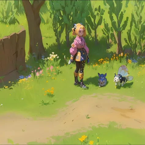 There is a cartoon，The painting shows a man and a dog in a field, Covered with shiny spots, Insect Trainer Girl, Stylized anime, Stylized characters, Stylized pbr, Stylized as 3D rendering, Muscular female dwarf engineer, Standing in the flower field, styl...