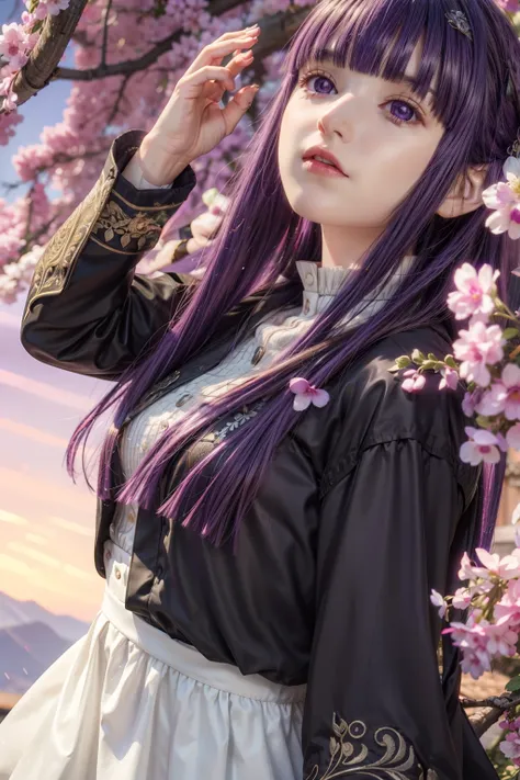 Fern, Fern, Long Hair, bangs, (Purple eyes:1.1), Purple Hair, Side Lock, blunt bangs, shirt, dress, Jacket, Open clothes, Food, white dress, Food down, (View your viewers), Outdoor, nature, (masterpiece:1.2), highest quality, High resolution, unity 8k wall...