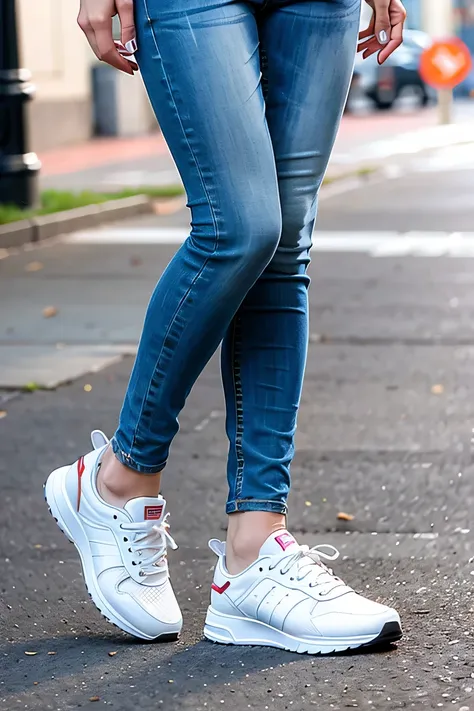 woman in sneakers , feet, skinny jeans、close