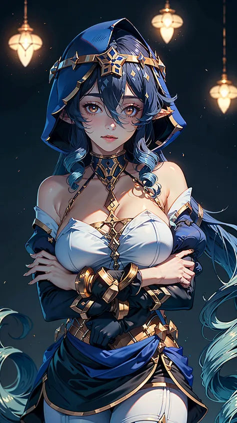 Masterpiece, ultra detail, high quality, 8k cg, huge breast, layladef, night, blush, smile, bright eyes, standing, (eyes shining:1.5), detailed upper body, crossed arms,