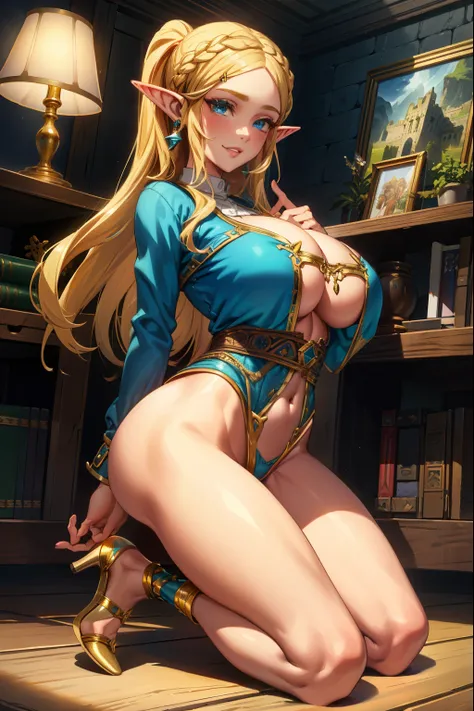 aazelda, long hair, pointy ears, blue eyes, blonde hair, Bimbo, Makeup, kneeling, submissive, (extremely detailed CG unity 4k wallpaper),(masterpiece),(best quality),(ultra-detailed),(best illustration),(best shadow),(absurdres),(detailed background), Fanc...