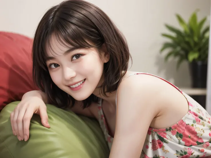 215 Short Hair, 20-year-old woman, A kind smile, Floral