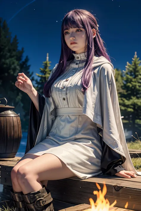 alone, One girl, Fern, Fern (Freezing: Beyond the end of the journey), Long, flowing purple hair, Deep purple eyes, Cute face, Large breasts, full chest, Wide Hips, Thick thighs, Black long cape, White dress under the cloak, Brown boots, Sitting on a woode...