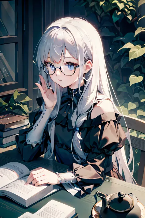 small girl, Long white hair, blue eyes, black, Stylish glasses, blue dress, fluffy dress, short sleeves, open shoulders, book, sitting at a table, tea, Masterpiece, hiquality, 4k, HD, Good detail