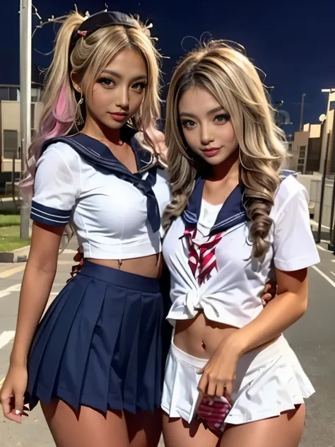 ミニスカートを履いたTwo peopleの女子高生:1.7,((Two people high school girl:2)),((Two people)),Dynamic Angle, Perfect body, night,moonlight,Exterior lights,Gal, (Anatomically correct),masterpiece, highest quality, RAW Photos, Realistic, face,, Beautiful girls, cute, Writt...