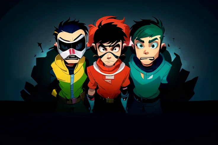 three cartoon characters stand in a row，the background is dark, toolbelt art, the name of the band is roborock, very stylized, a...