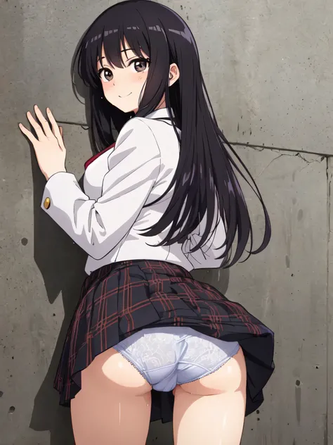 (Masterpiece:1.2), (high quality), (pixiv:1.4), (anime:1.4), wearing underwear, panties, black hair, buttocks, brown eyes, solo, blazer type , pantie, lifting clothes, brown eyes, blue skirt, pure gaze, , miniskirt, ((herself lift)), plaid skirt, kawaii, b...