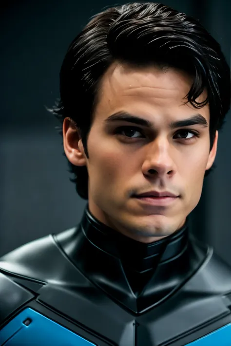 Nightwing as Dylan Obrien, alta tecnologia, hiper-realista, detalhes insanos, traje Hiperealista, linhas extremamente limpas, dark aesthetic, uma obra-prima 