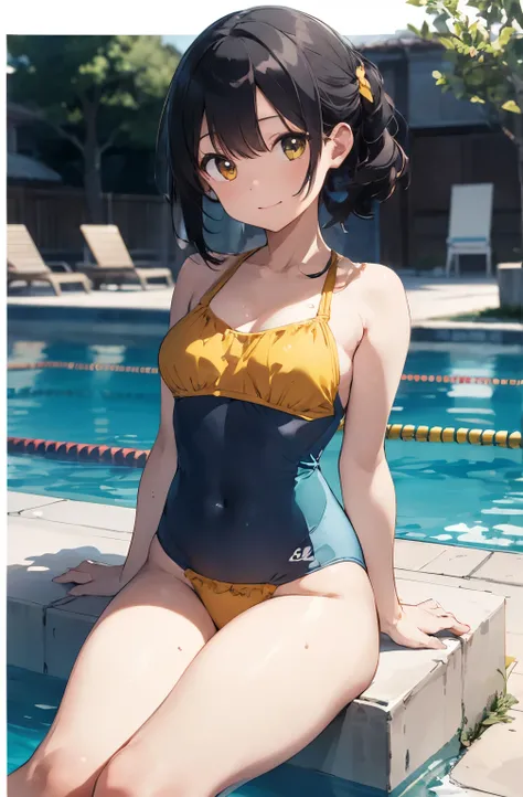 High resolution、A silver-haired girl drawn in the style of Japanese anime、Person sitting on a swim ring in an empty resort night pool々Status。She is wearing a glamorous yellow bikini、Yellow swimsuit､The pool is beautifully lit、The surroundings are quiet and...