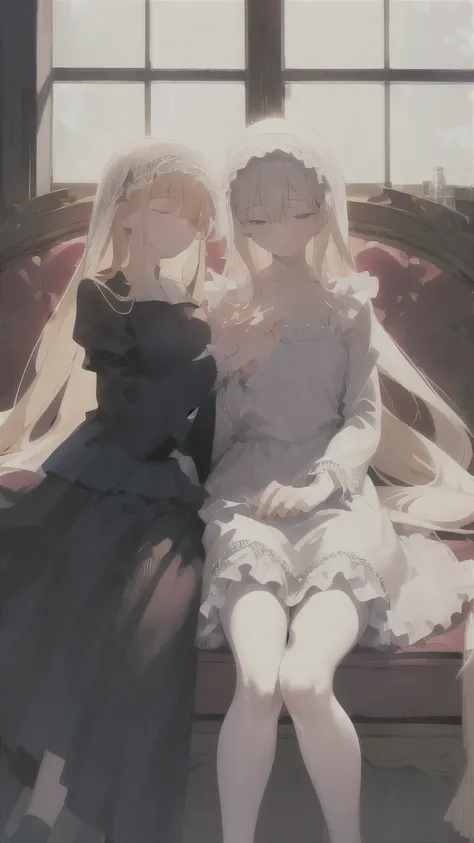 yuri。two girls。platinum blonde long hair。gorgeous maid costume with frills。the two of them are sleeping side by side on the sofa...