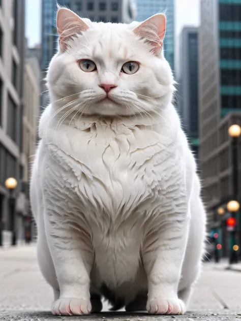 (best quality,4k,high details,super detail),grey eyes,fat albino cat,confident cool city background wallpaper