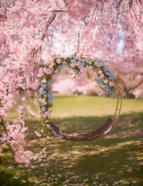 un primer plano de un marco circular con flores AZULES, Bosque de cerezos en flor color azul, pedales de flores de cerezo cayendo, flor de cerezo cayendo, pedales de flor de cerezo que caen, seda de sakura que fluye, lush sakura trees, temporada de sakura,...